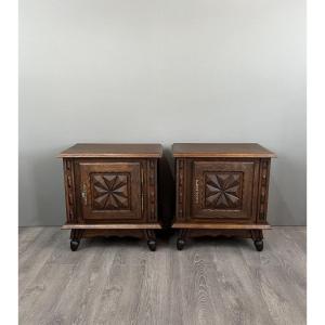 Pair Of Carved Wooden Bedside Tables, Early 20th Century