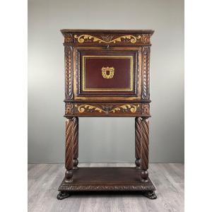 Carved And Polychrome Wooden Secretary, Neo-renaissance Style, 19th Century