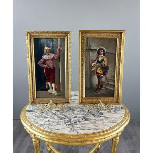 Oil On Wood Paintings Pair Of Portraits In Costume, 19th Century