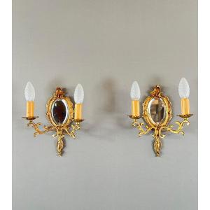 Pair Of Louis XV Style Mirror Wall Sconces, 20th Century