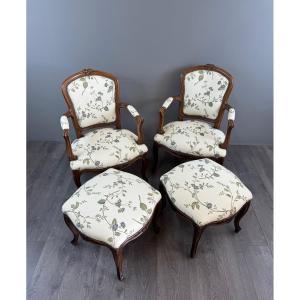 Pair Of Louis XV Style Armchairs And Two Footstools, 19th Century 