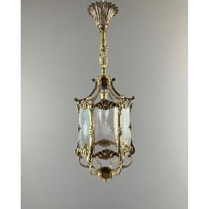 Bronze And Etched Glass Lantern, Early 20th Century