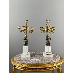 Pair Of Bronze And Marble Candelabra, Napoleon III Period