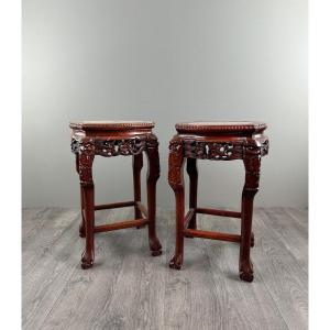 Pair Of Chinese Carved Wood And Marble Pedestal Tables, 20th Century