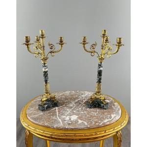 Pair Of Gilt Bronze And Green Marble Candelabra, 19th Century