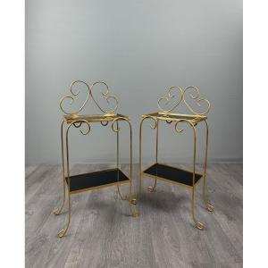 Pair Of Vintage Side Tables In Gilt Metal, Glazed Ceramic Tops, 1960s