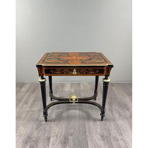 Napoleon III Style Writing Table In Marquetry And Gilt Bronze, 19th Century