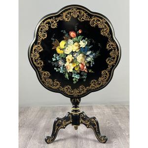 Napoleon III Lacquered Pedestal Table With Floral Decoration, 19th Century