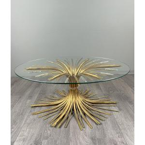 Coffee Table In Gilt Metal And Glass, 20th Century, In The Style Of Robert Goossens