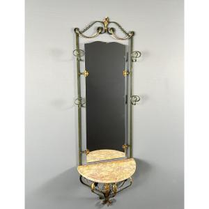 Wall Console With Mirror, Wrought Iron And Marble, 20th Century