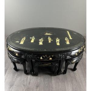 Black Lacquered Chinese Table With Inlays, Set With Six Stools, 20th Century