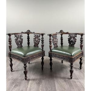 Pair Of Carved Wooden Corner Armchairs, 19th Century