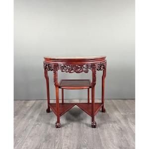 Half-moon Console Table In Carved Wood And Marble, Early 20th Century