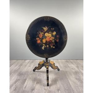 Napoleon III Pedestal Table In Black Lacquered Wood With Painted Floral Decoration, 19th Century