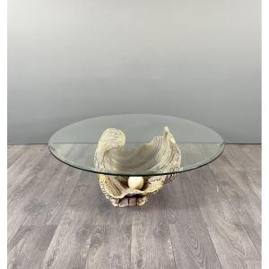 Coffee Table In The Shape Of A Seashell, Carved From Wood, 20th Century