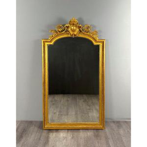 Large Antique Louis XVI Style Giltwood Mirror With Carved Pediment, 19th Century