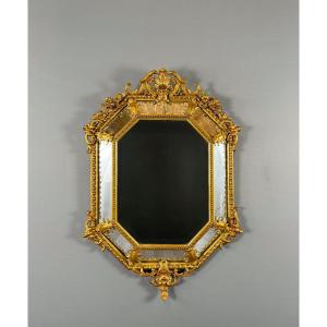 Antique Octagonal Mirror In Richly Carved Giltwood, Louis XV Style, 19th Century