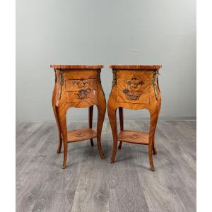 Pair Of Louis XV Style Marquetry Bedside Tables, 20th Century