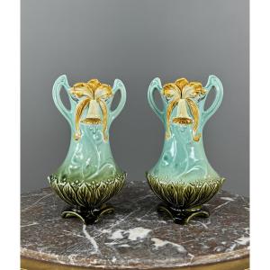 Pair Of Art Nouveau Glazed Ceramic Vases With Floral Decoration, 20th Century