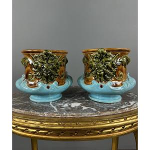 Pair Of Mascaron-decorated Earthenware Cachepots, 19th Century