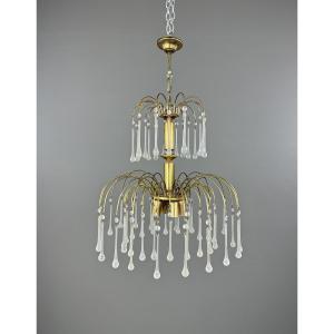 Gilt Brass Chandelier With Glass Pendants, 20th Century