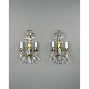 Pair Of Brass And Crystal Wall Sconces, 20th Century