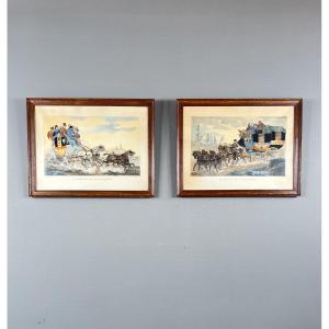 Pair Of Engravings After Horace Vernet, Stagecoach Scenes, 19th Century