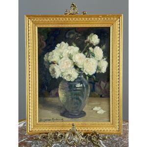 Still Life Painting With White Roses, 20th Century