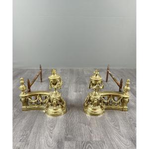 Pair Of Gilt Bronze Andirons, Louis XVI Style, 20th Century