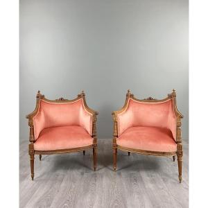 Pair Of Louis XVI Style Armchairs Bergères In Carved Wood, Velvet, 20th Century