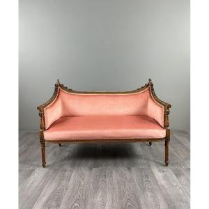 Louis XVI Style Sofa In Carved Wood And Velvet, 20th Century