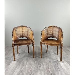 Pair Of Louis XVI Style Caned Armchairs, 19th Century