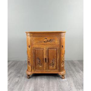 Carved Wood Bar Cabinet With Asian Decor, 20th Century