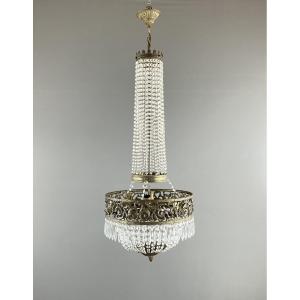 Empire Style Chandelier In Bronze And Crystal Pendants, Early 20th Century