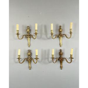 Suite Of Four Bronze Sconces, Louis XVI Style, 20th Century