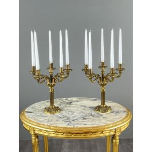 Pair Of 5-light Gilt Bronze Candelabra In The Louis XVI Style, 20th Century