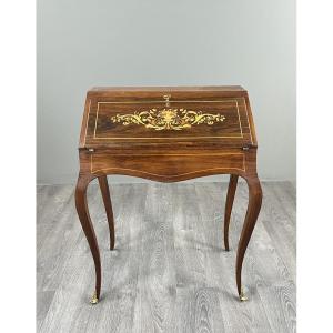 Marquetry Secretary With Flap, Louis XV Style, 19th Century