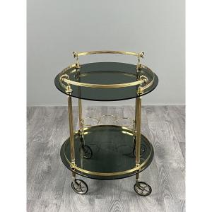 Rolling Table In Brass And Smoked Glass, 20th Century