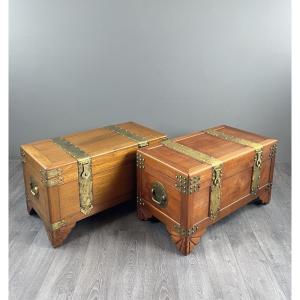 Pair Of Asian Chests In Wood And Engraved Brass, 20th Century