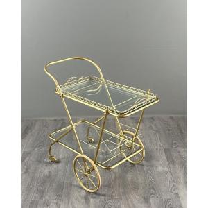 Brass And Glass Table On Wheels, 20th Century