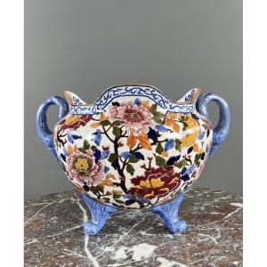 Large Gien Earthenware Cachepot Decorated With Peonies , XXth Century