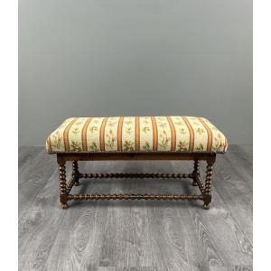 Antique Turned Wood Bench Seat Floral Tapestry, 20th Century