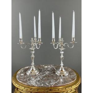 Pair Of Silver-plated Candelabra, Louis XV Style, 20th Century
