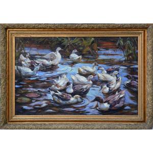 German Modernist Masterwork Ducks In Pond Oil Painting By Alexander Koester