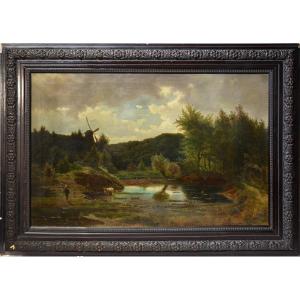 Antique 19th Century Norwegian Artists Oil Painting Pastoral Windmill Shepherd