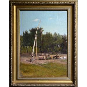 сountryside Landscape Well Pole Or Shadoof Acknowledged Polish-russian Master