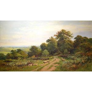 Pastoral Panoramic Landscape Shepherd With Sheep Large Oil Painting By Lawson