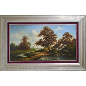 Scandinavian Autumn Landscape Country House By River At Sunset Vintage Painting