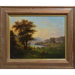 Swiss Pastoral Landscape Alpine Valley At Sunset 19th Century Oil Painting By Hess