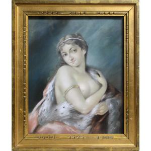 Rococo Portrait Nude Lady In Royal Mantle Early 20th Century Pastel Drawing